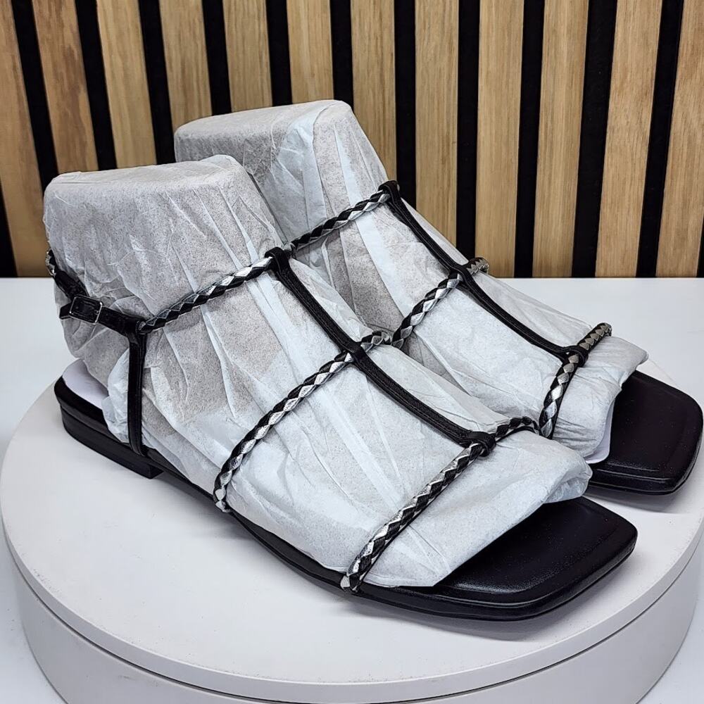 NEW - Marc Fisher LTD Maze Women’s Black Braided Caged Flat Sandals Size 10